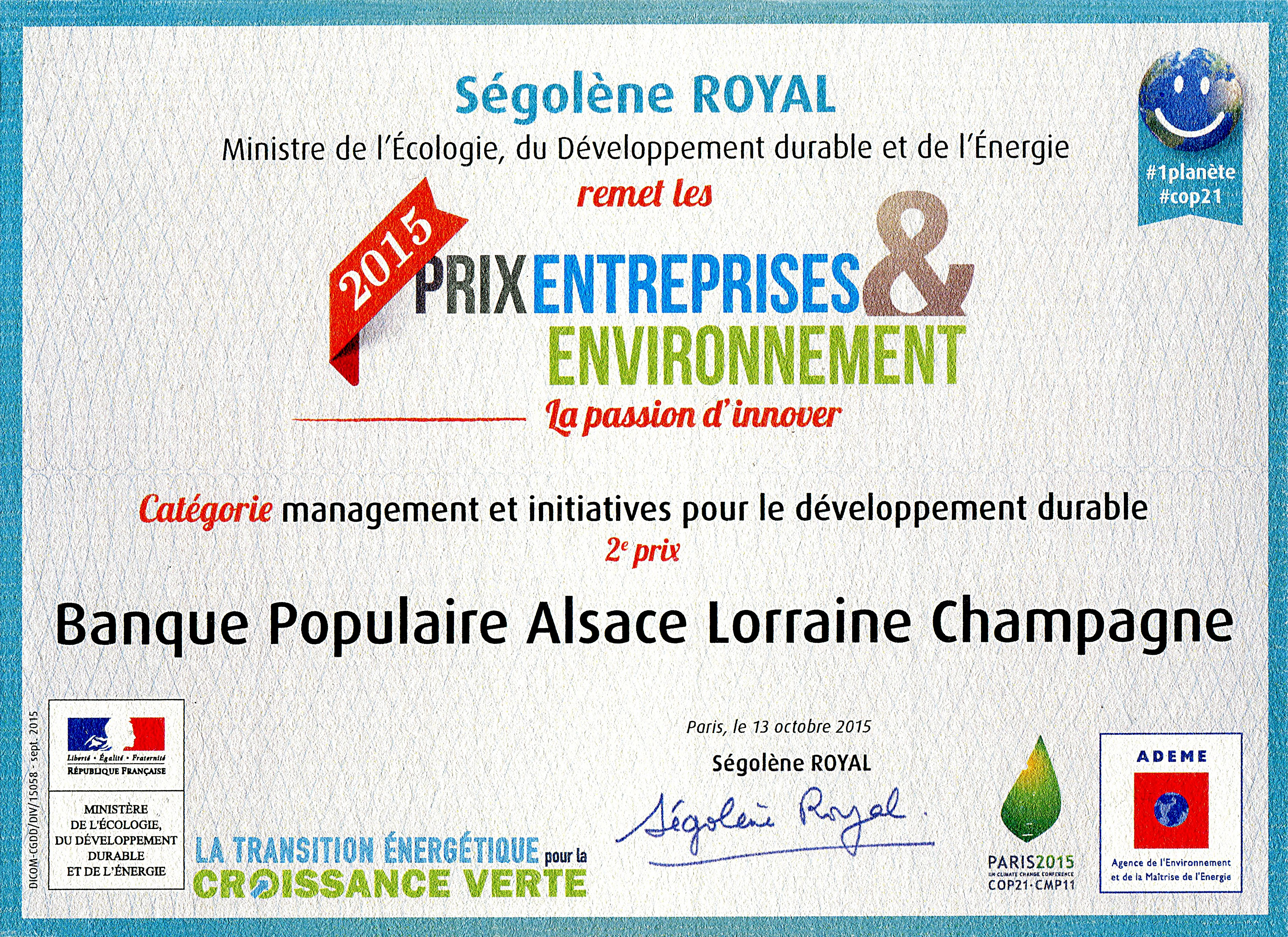 Prix Entreprises Environnement 2015 - BPALC